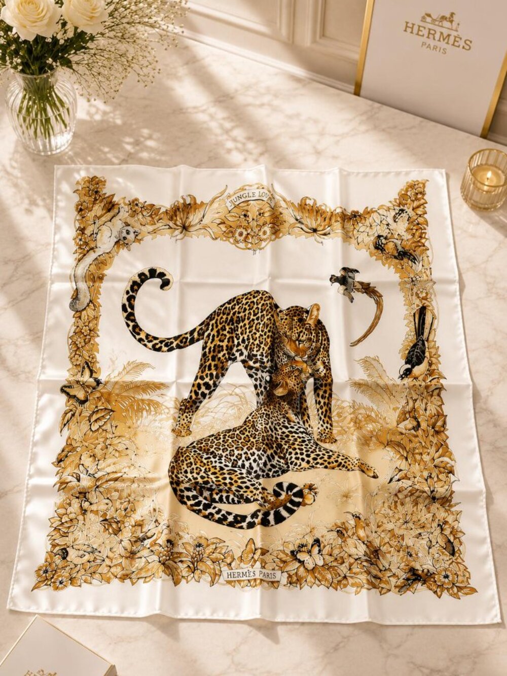 Authentic Hermès Jungle Love Carré 90 Silk Scarf White Animal Print